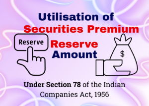 Educational infographic titled "Utilisation of Securities Premium Reserve Amount Under Section 78 of the Indian Companies Act, 1956". The graphic features line-art icons of a hand pointing to a "Reserve" button and a money bag with a dollar sign.